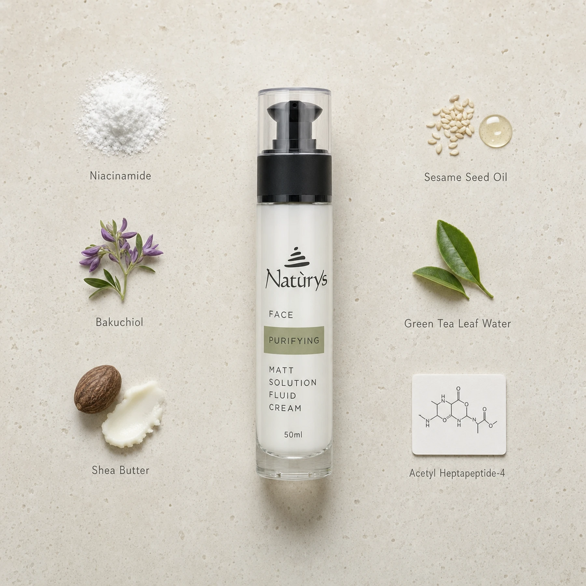 Naturys Purifying Matt Solution Fluid Cream 50ml surrounded by labelled key ingredients including Niacinamide, Bakuchiol, Shea Butter, Sesame Seed Oil, Green Tea Leaf Water and Acetyl Heptapeptide-4 on a warm cream travertine stone surface