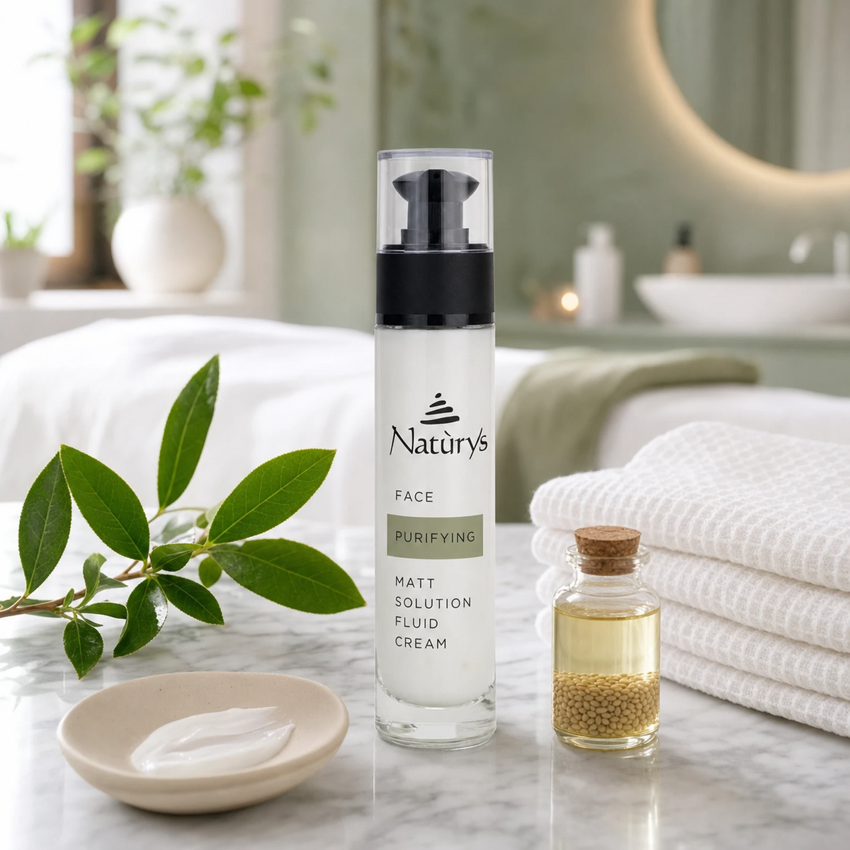 Naturys Purifying Matt Solution Fluid Cream 50ml clear glass airless pump bottle on a white Carrara marble vanity with ceramic cream dish, fresh green tea leaf sprig, sesame seed oil vial and white waffle linen cloth in a luxury spa bathroom with sage-green accents and soft natural window light