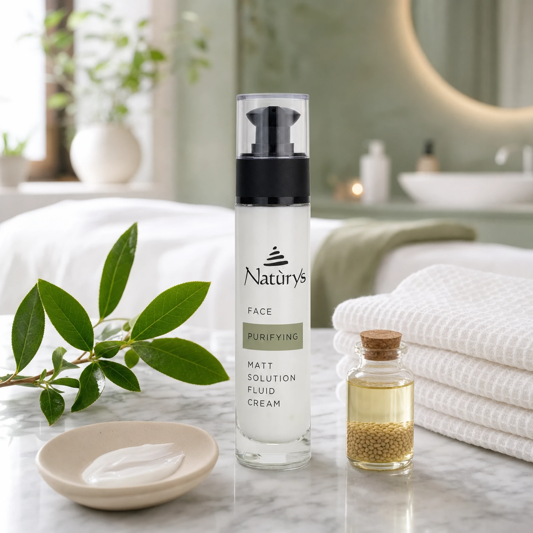 Naturys Purifying Matt Solution Fluid Cream 50ml clear glass airless pump bottle on a white Carrara marble vanity with ceramic cream dish, fresh green tea leaf sprig, sesame seed oil vial and white waffle linen cloth in a luxury spa bathroom with sage-green accents and soft natural window light