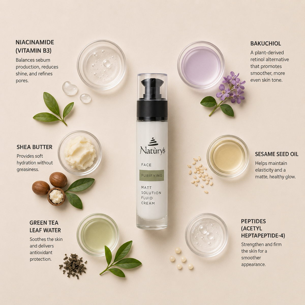 “Minimal NATURYS Purifying Matt Solution Fluid Cream ingredient flatlay featuring niacinamide (vitamin B3), bakuchiol, shea butter, sesame seed oil, green tea leaf water, and peptides (acetyl heptapeptide-4) arranged elegantly around the product with refined botanical spa styling on a soft neutral background