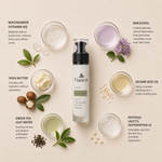 “Minimal NATURYS Purifying Matt Solution Fluid Cream ingredient flatlay featuring niacinamide (vitamin B3), bakuchiol, shea butter, sesame seed oil, green tea leaf water, and peptides (acetyl heptapeptide-4) arranged elegantly around the product with refined botanical spa styling on a soft neutral background