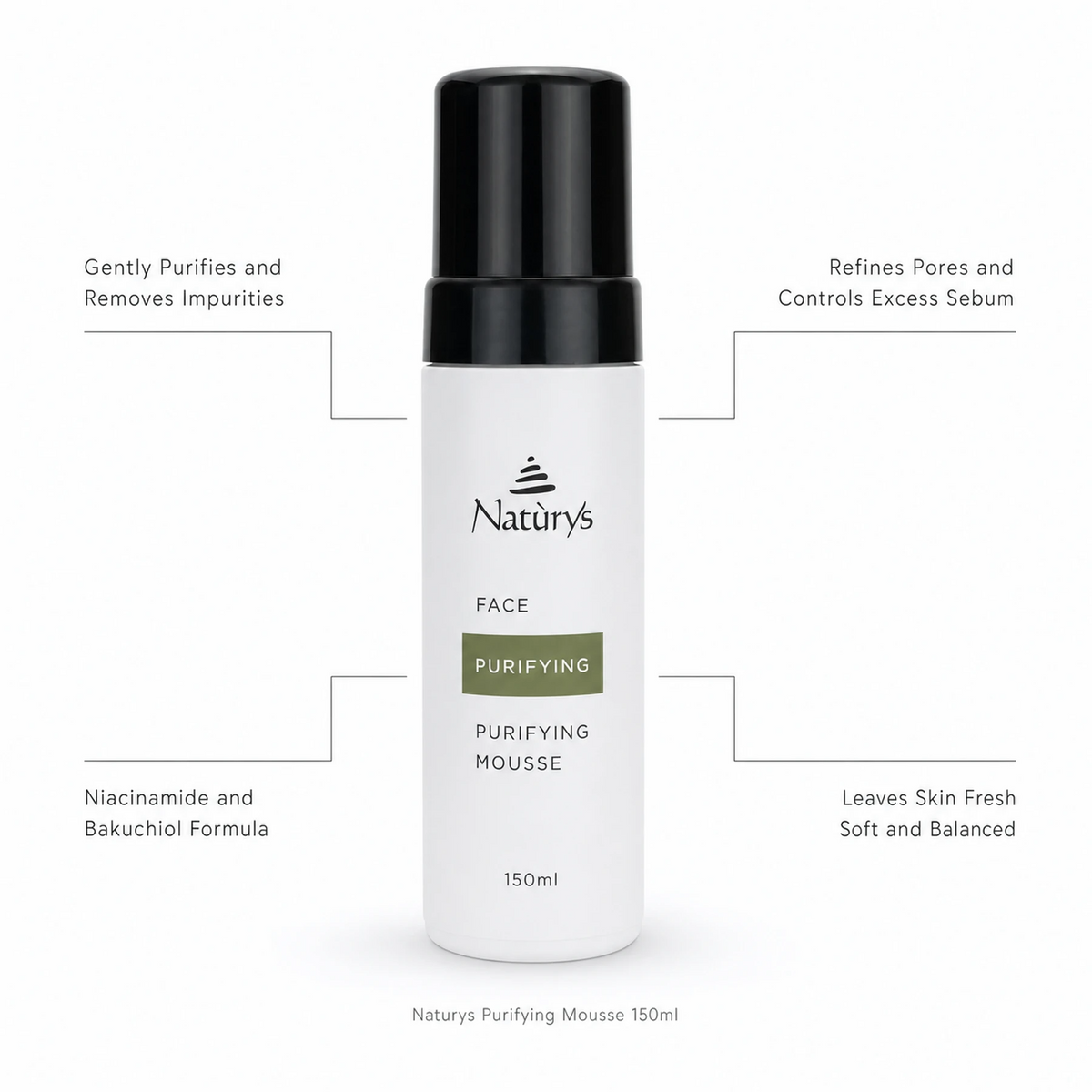Naturys Purifying Mousse 150ml on white background with benefit callouts: Gently Purifies and Removes Impurities, Refines Pores and Controls Excess Sebum, Niacinamide and Bakuchiol Formula, Leaves Skin Fresh Soft and Balanced