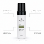 Naturys Purifying Mousse 150ml on white background with benefit callouts: Gently Purifies and Removes Impurities, Refines Pores and Controls Excess Sebum, Niacinamide and Bakuchiol Formula, Leaves Skin Fresh Soft and Balanced