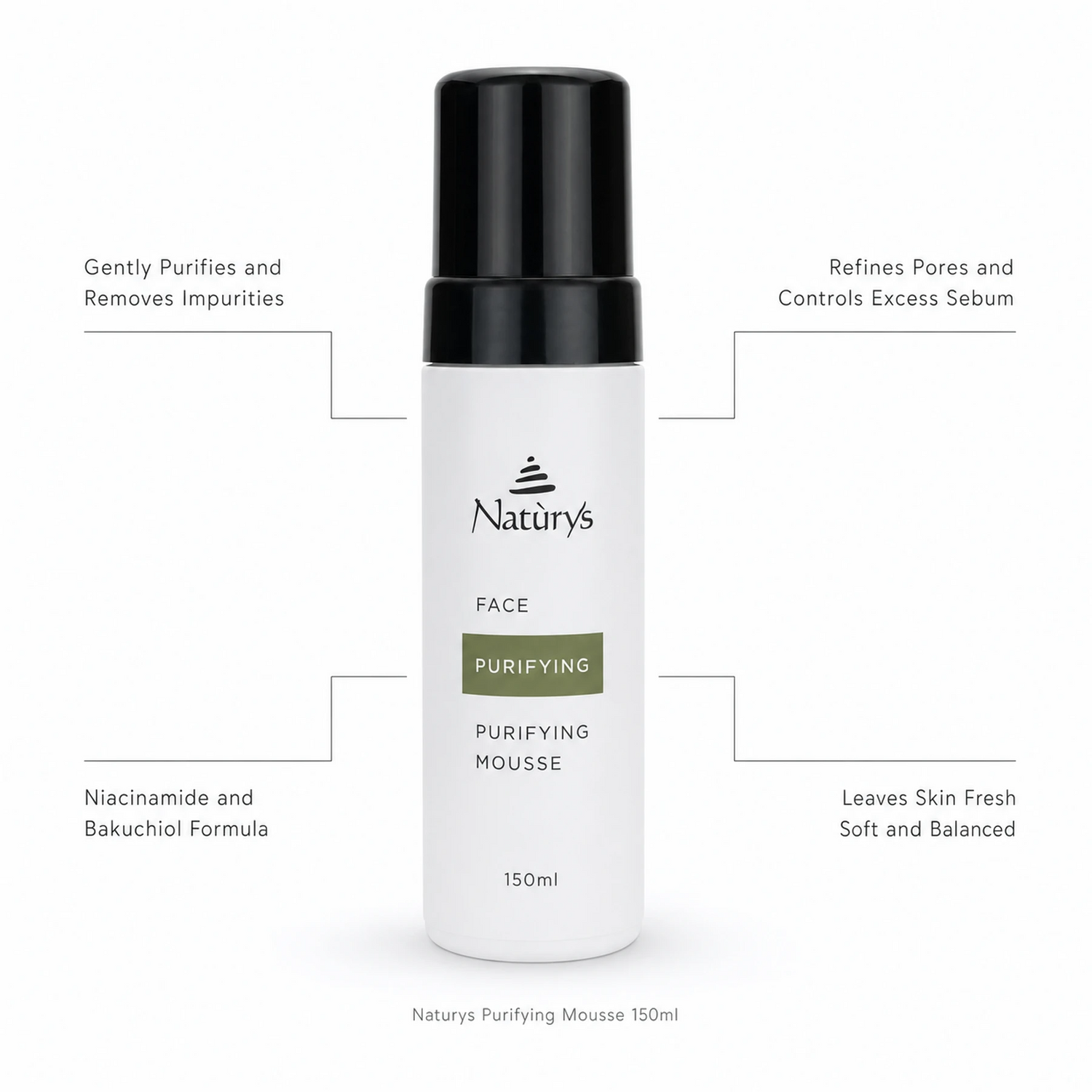 Naturys Purifying Mousse 150ml on white background with benefit callouts: Gently Purifies and Removes Impurities, Refines Pores and Controls Excess Sebum, Niacinamide and Bakuchiol Formula, Leaves Skin Fresh Soft and Balanced