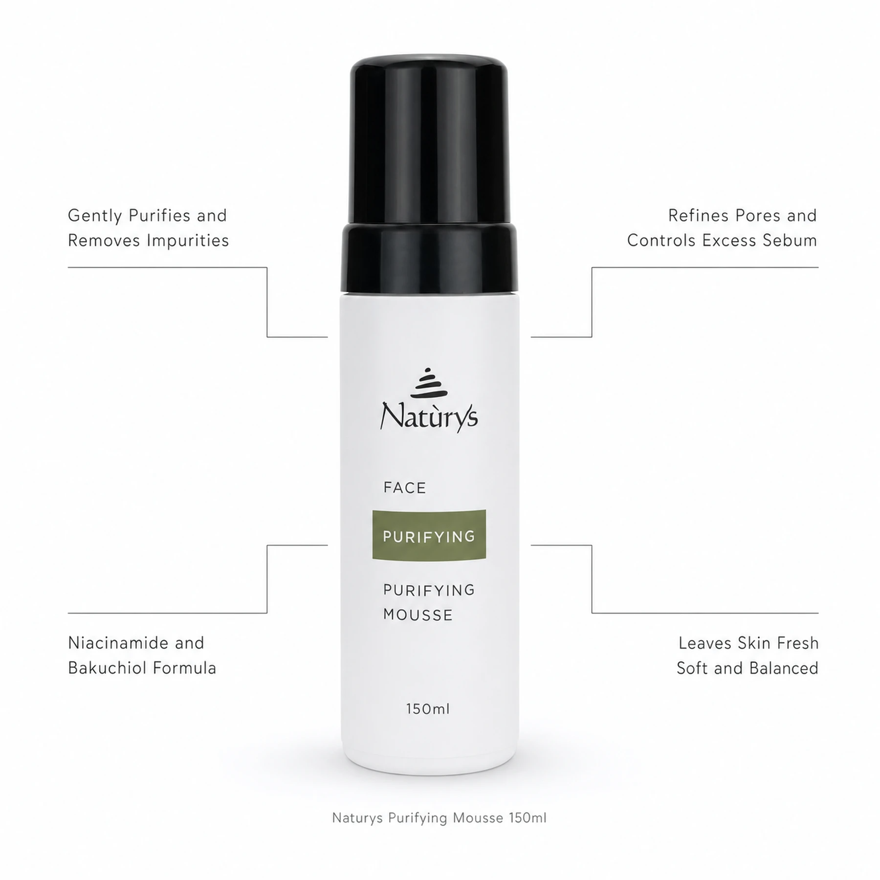 Naturys Purifying Mousse 150ml on white background with benefit callouts: Gently Purifies and Removes Impurities, Refines Pores and Controls Excess Sebum, Niacinamide and Bakuchiol Formula, Leaves Skin Fresh Soft and Balanced