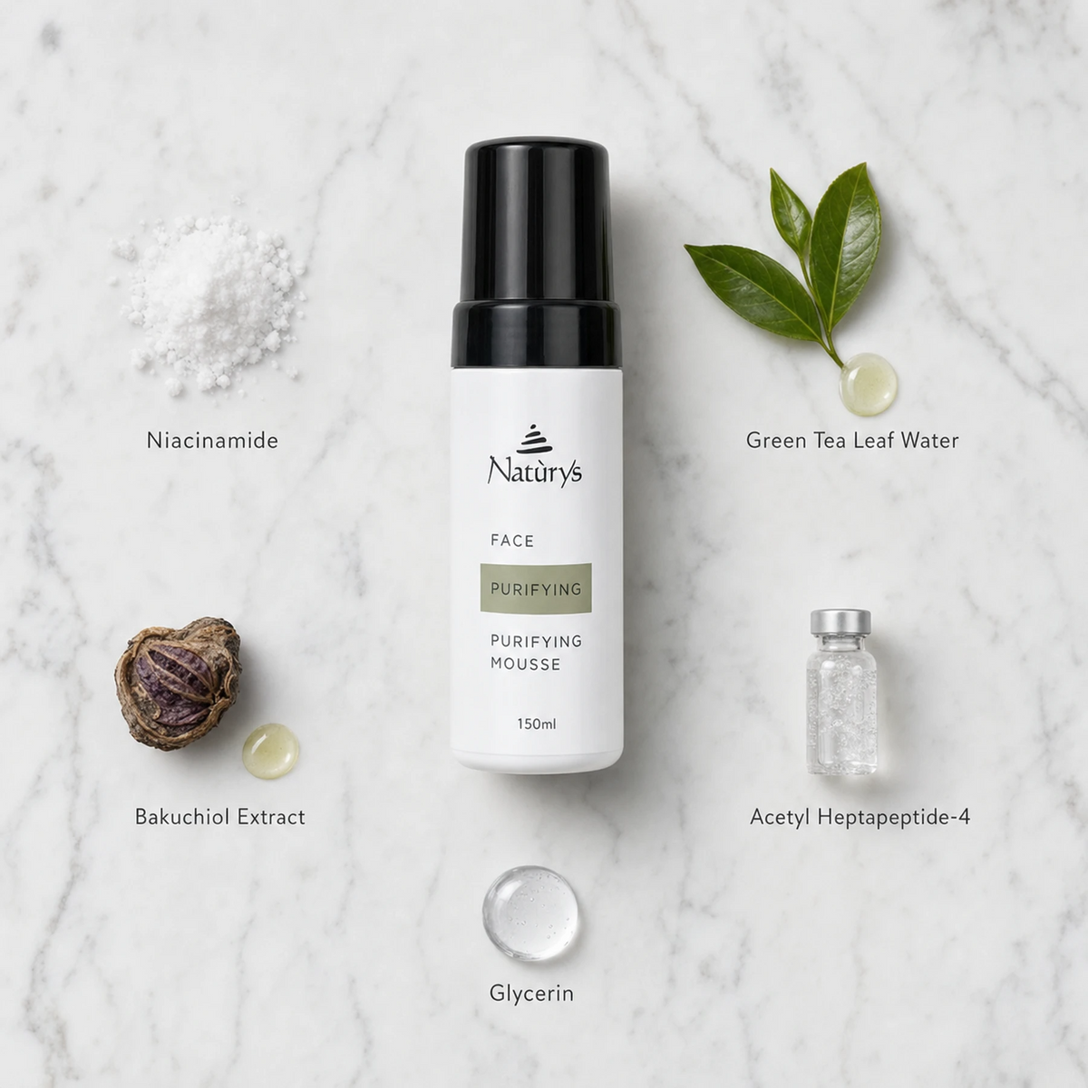 Naturys Purifying Mousse 150ml surrounded by labelled key ingredients including Niacinamide, Green Tea Leaf Water, Bakuchiol Extract, Acetyl Heptapeptide-4 and Glycerin on a cool white Carrara marble surface