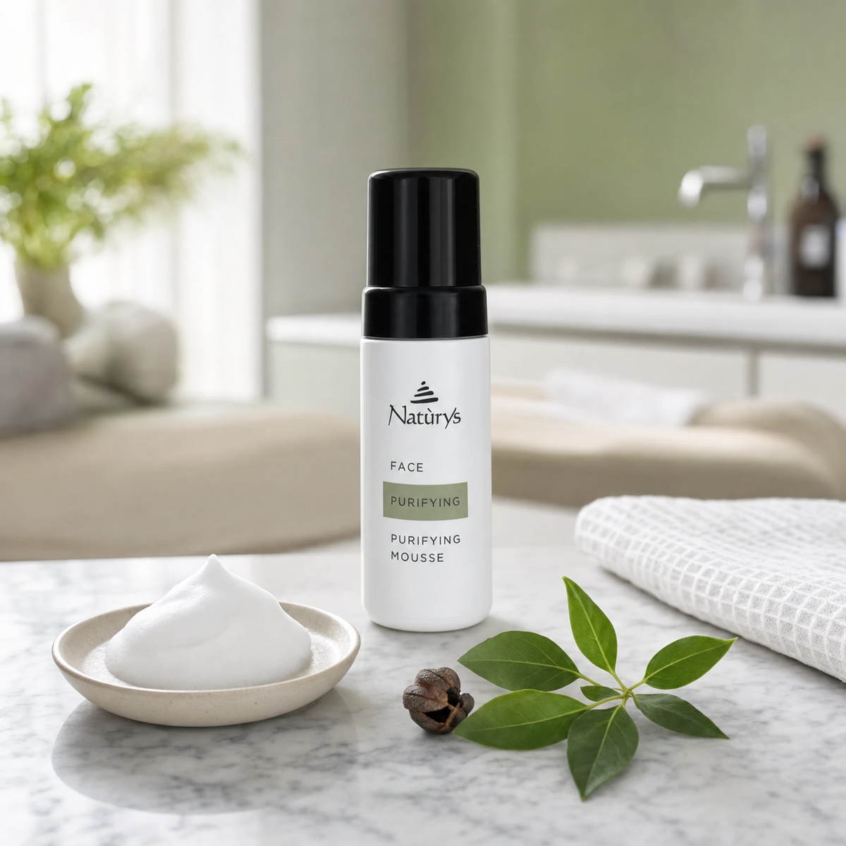 Naturys Purifying Mousse 150ml white foamer pump bottle on a white Carrara marble vanity with a ceramic dish of white mousse foam, fresh green tea leaf sprig, psoralea seed pod and white waffle linen cloth in a luxury spa bathroom with sage-green walls and soft natural window light