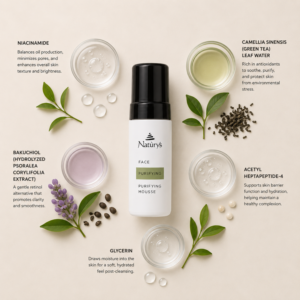 “Minimal NATURYS Purifying Mousse ingredient flatlay featuring niacinamide, camellia sinensis (green tea) leaf water, bakuchiol (hydrolyzed psoralea corylifolia extract), acetyl heptapeptide-4, and glycerin arranged elegantly around the product with refined botanical spa styling on a soft neutral background