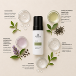 “Minimal NATURYS Purifying Mousse ingredient flatlay featuring niacinamide, camellia sinensis (green tea) leaf water, bakuchiol (hydrolyzed psoralea corylifolia extract), acetyl heptapeptide-4, and glycerin arranged elegantly around the product with refined botanical spa styling on a soft neutral background
