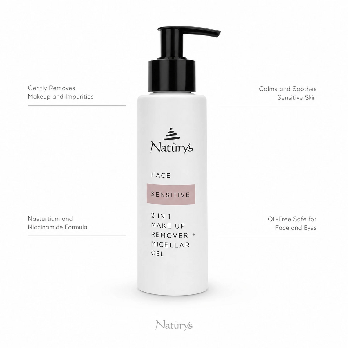 Naturys Sensitive 2-in-1 Makeup Remover Micellar Gel 150ml on white background with four benefit callouts: Gently Removes Makeup and Impurities, Calms and Soothes Sensitive Skin, Nasturtium and Niacinamide Formula, Oil-Free Safe for Face and Eyes