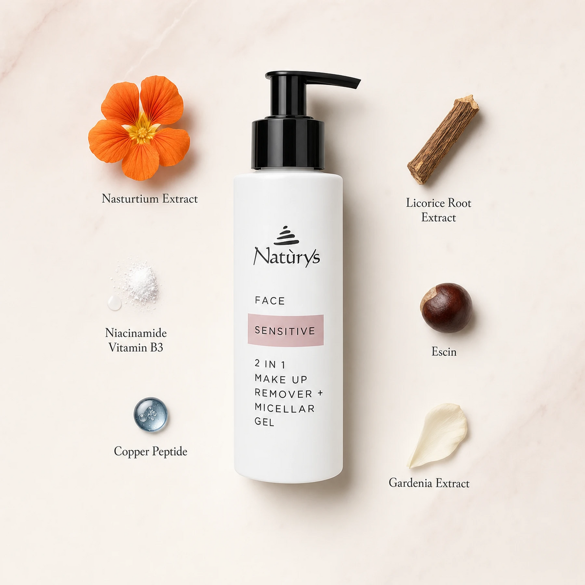Naturys Sensitive 2-in-1 Makeup Remover Micellar Gel 150ml ingredient flatlay on soft blush-pink surface with labelled ingredients: Nasturtium Extract, Niacinamide Vitamin B3, Copper Peptide, Licorice Root Extract, Escin, and Gardenia Extract
