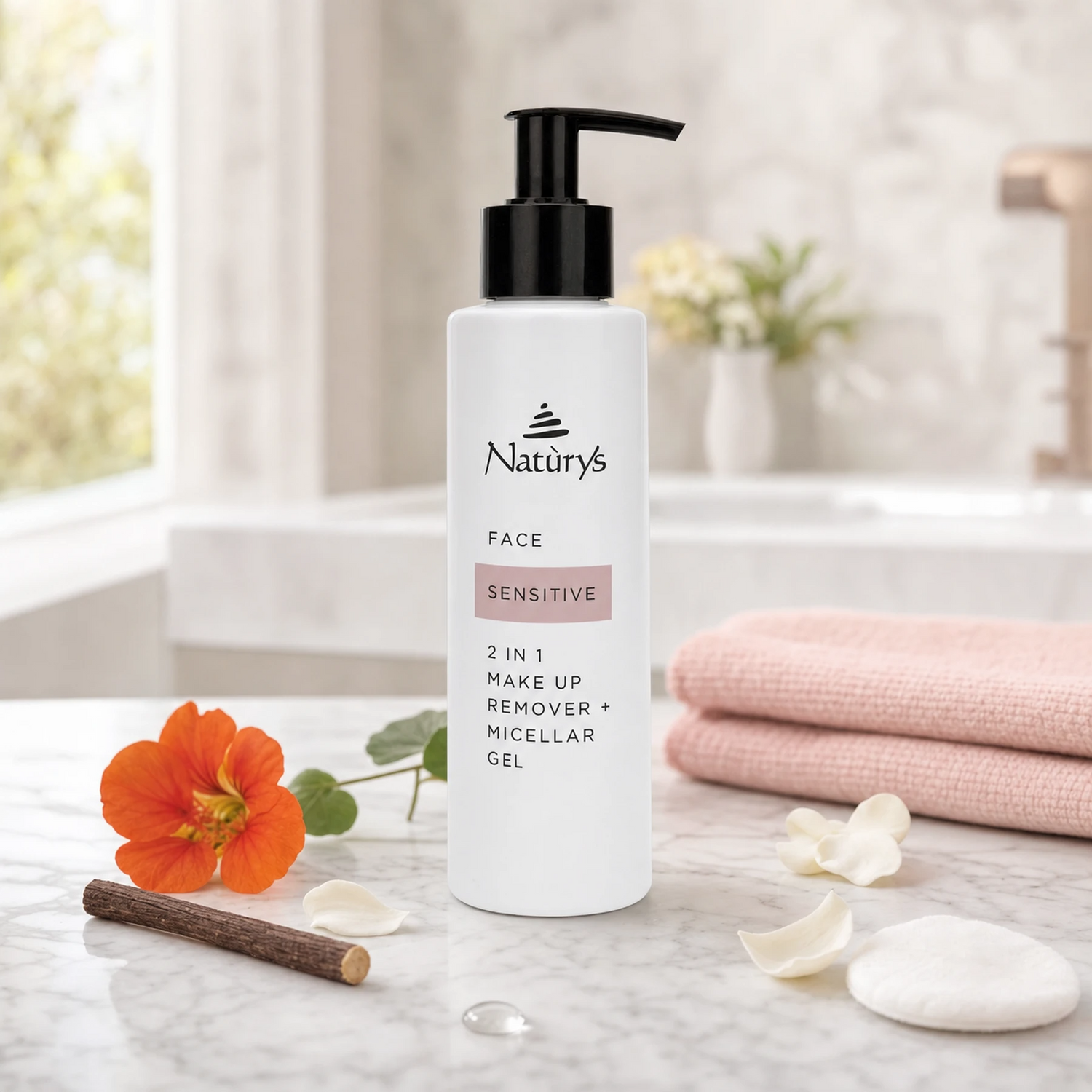 Naturys Sensitive 2-in-1 Makeup Remover Micellar Gel 150ml on a white marble spa vanity with an orange nasturtium flower, licorice root stick, fresh gardenia petals, a cotton pad, a clear water droplet, and a folded blush-pink face cloth in a bright airy luxury spa bathroom