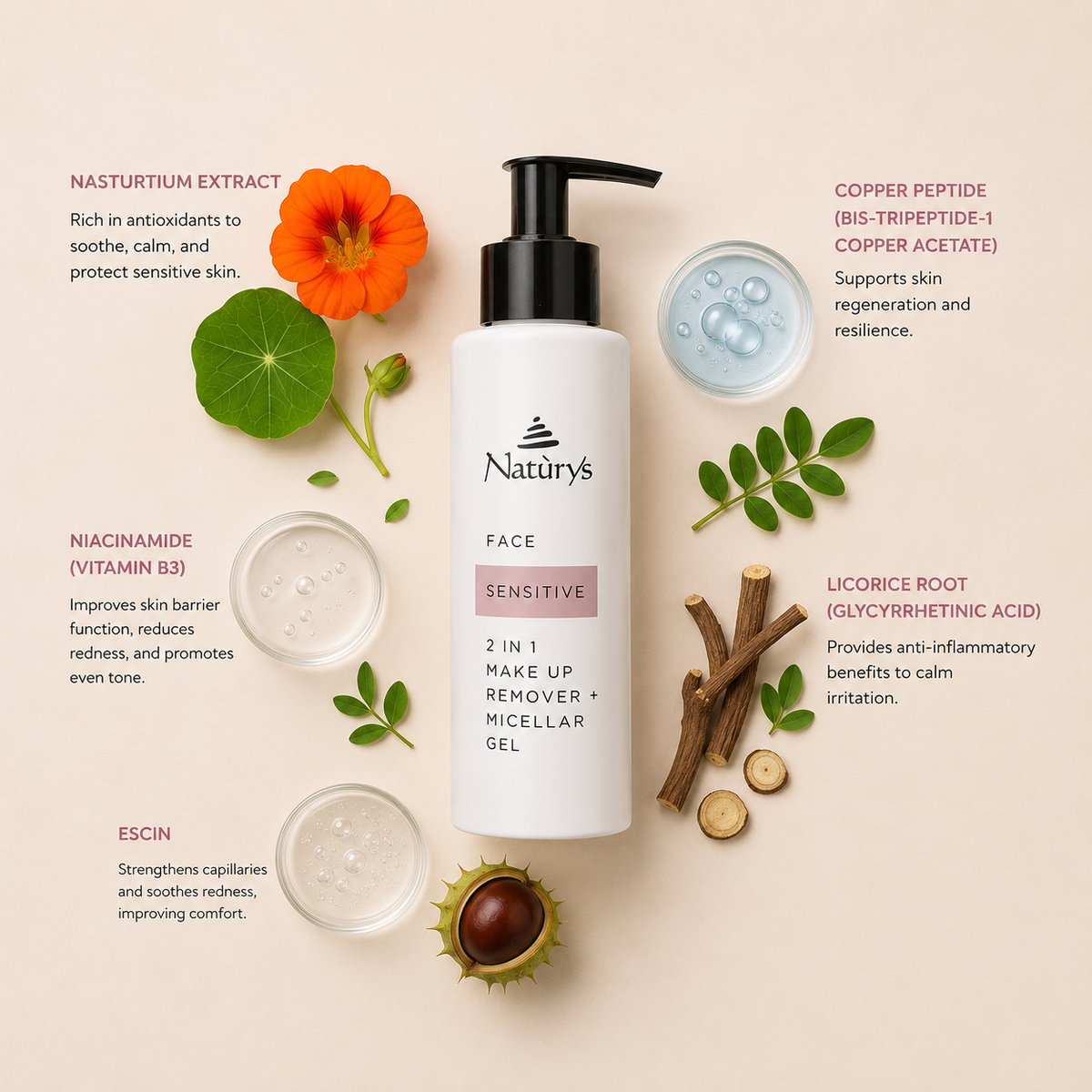“Minimal NATURYS Sensitive 2 In 1 Makeup Remover and Micellar Gel ingredient flatlay featuring nasturtium extract, niacinamide (vitamin B3), copper peptide (bis-tripeptide-1 copper acetate), licorice root (glycyrrhetinic acid), and escin arranged elegantly around the product with refined botanical spa styling on a soft warm neutral background