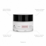  Naturys Sensitive Enzymatic Peeling Cream 50ml on white background with four benefit callouts: Gently Exfoliates Without Irritation, Pineapple and Papaya Enzyme Formula, Unclogs Pores and Smooths Texture, Suitable for Sensitive and Reactive Skin