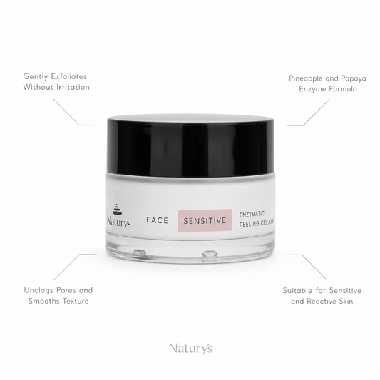  Naturys Sensitive Enzymatic Peeling Cream 50ml on white background with four benefit callouts: Gently Exfoliates Without Irritation, Pineapple and Papaya Enzyme Formula, Unclogs Pores and Smooths Texture, Suitable for Sensitive and Reactive Skin