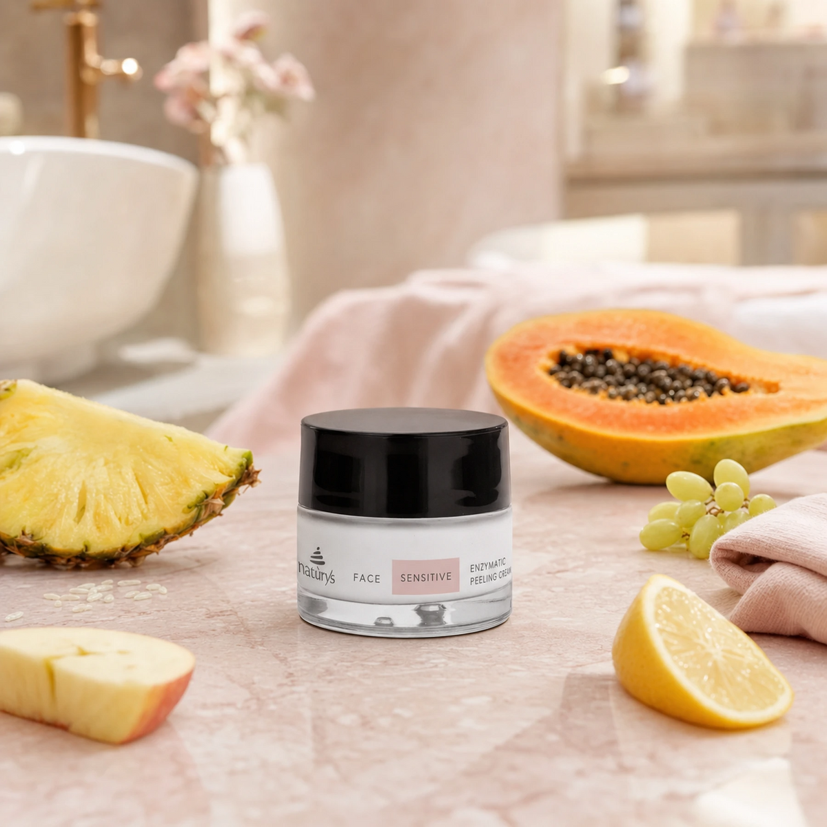 Naturys Sensitive Enzymatic Peeling Cream 50ml on a pale blush-pink marble spa surface with a fresh pineapple slice, halved papaya, lemon wedge, apple slice, a small cluster of grapes, rice grains, and a folded soft blush-pink linen spa cloth in a warm luxury spa bathroom
