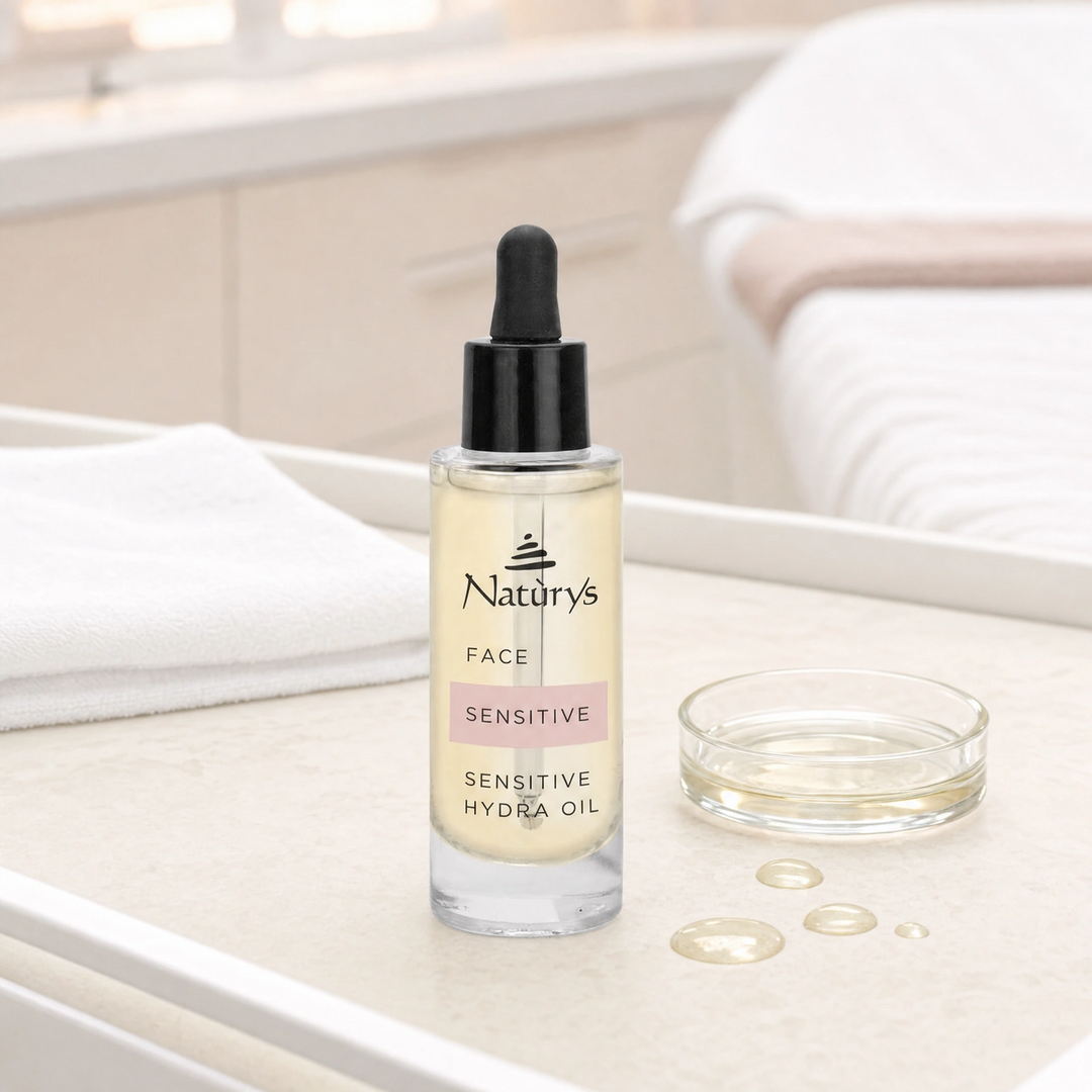 Naturys Sensitive Hydra Oil 30ml displayed in a premium clinical treatment-room setting for professional sensitive-skin retail continuation, calming and antioxidant protocols.