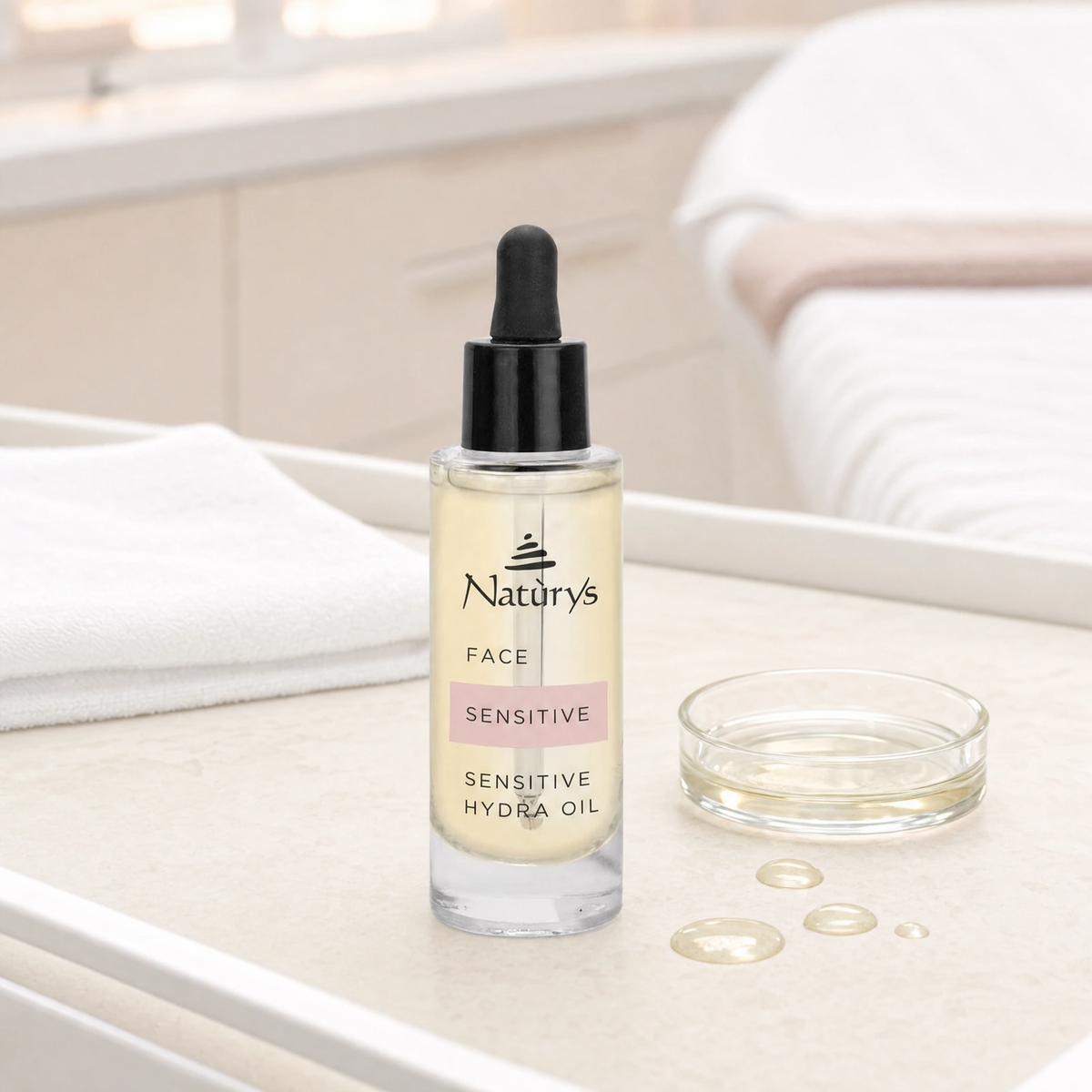 Naturys Sensitive Hydra Oil 30ml displayed in a premium clinical treatment-room setting for professional sensitive-skin retail continuation, calming and antioxidant protocols.
