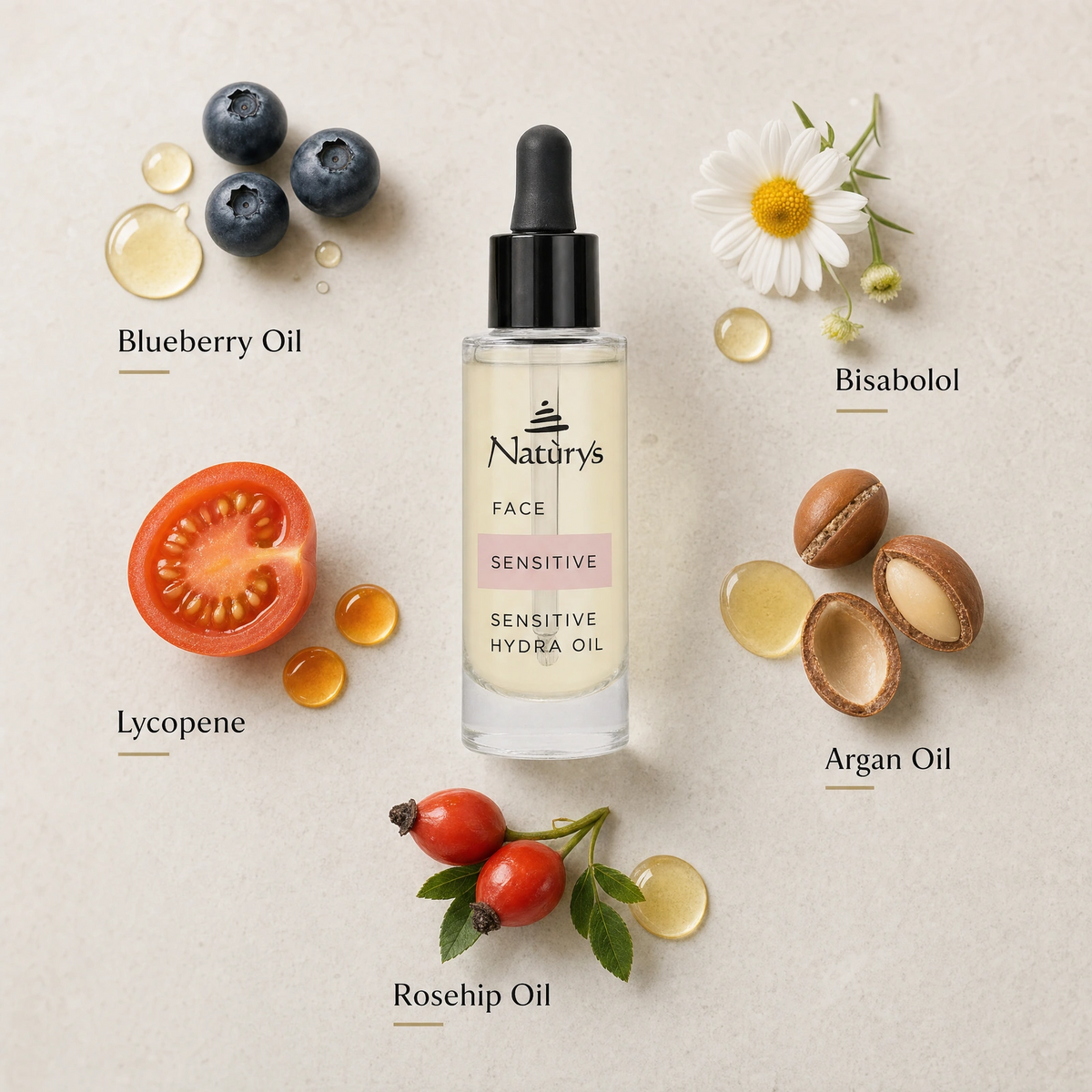Naturys Sensitive Hydra Oil 30ml ingredient flatlay with Blueberry Oil, Bisabolol, Lycopene, Argan Oil and Rosehip Oil.