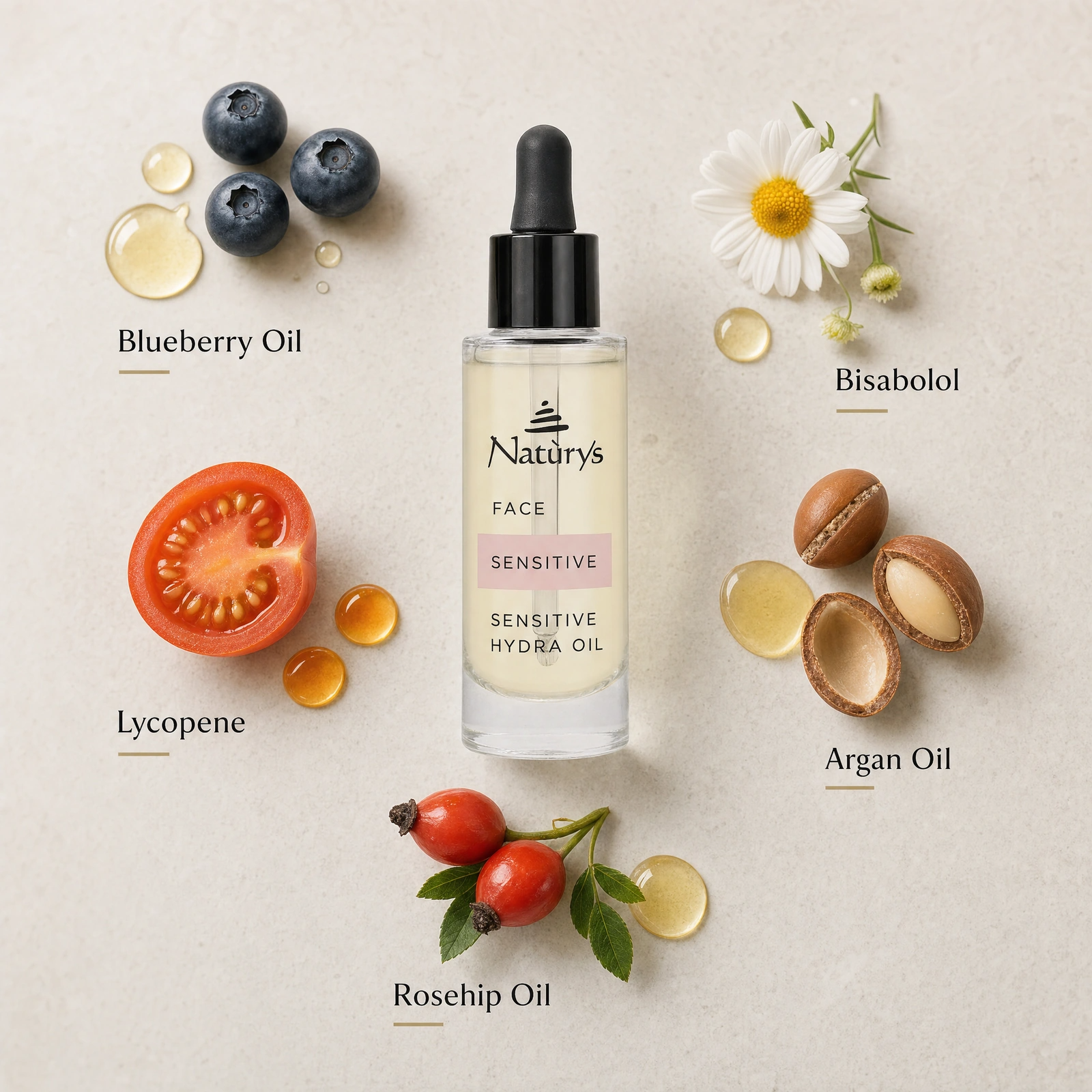 Naturys Sensitive Hydra Oil 30ml ingredient flatlay with Blueberry Oil, Bisabolol, Lycopene, Argan Oil and Rosehip Oil.