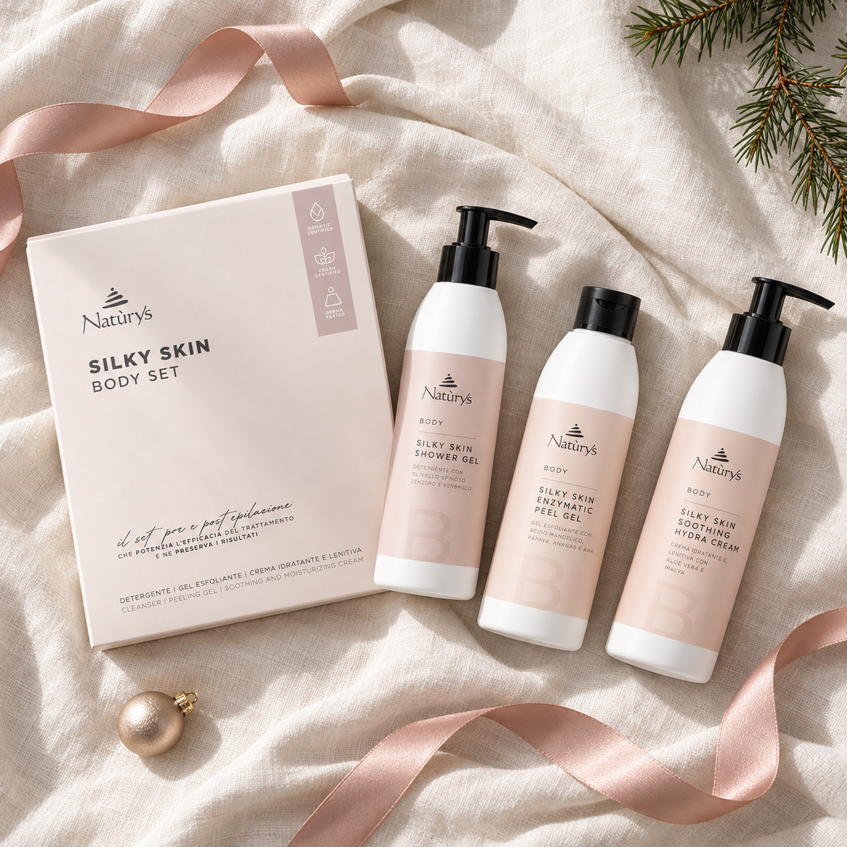 NATURYS Silky Skin Body Set arranged in a festive flatlay. File: naturys-silky-skin-body-set-christmas-flatlay-2026.png