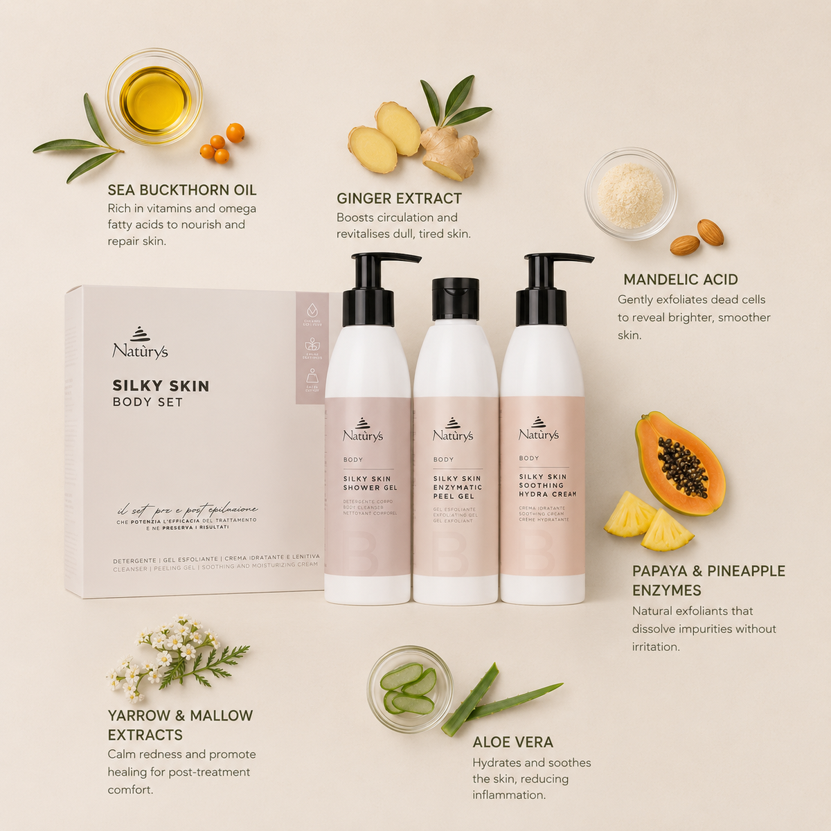 “Minimal NATURYS Silky Skin Body Set ingredient flatlay featuring sea buckthorn oil, ginger extract, mandelic acid, papaya and pineapple enzymes, yarrow and mallow extracts, and aloe vera arranged elegantly around the product with refined botanical spa styling on a soft neutral background