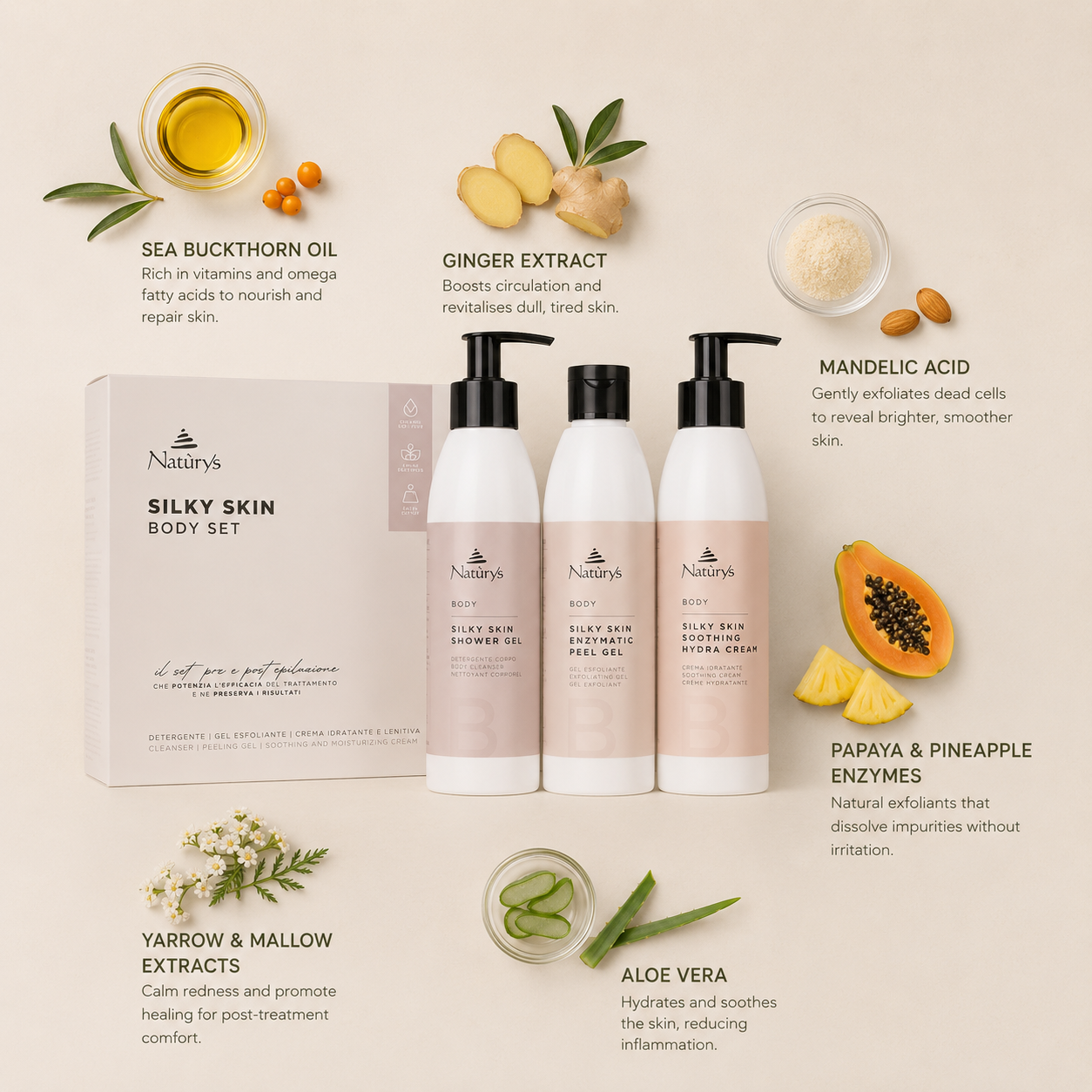“Minimal NATURYS Silky Skin Body Set ingredient flatlay featuring sea buckthorn oil, ginger extract, mandelic acid, papaya and pineapple enzymes, yarrow and mallow extracts, and aloe vera arranged elegantly around the product with refined botanical spa styling on a soft neutral background