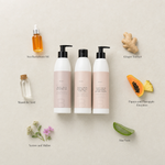  Naturys Silky Skin Body Set surrounded by labelled organic key ingredients including Sea Buckthorn Oil, Ginger Extract, Mandelic Acid, Papaya and Pineapple Enzymes, Yarrow and Mallow, and Aloe Vera on a warm stone surface