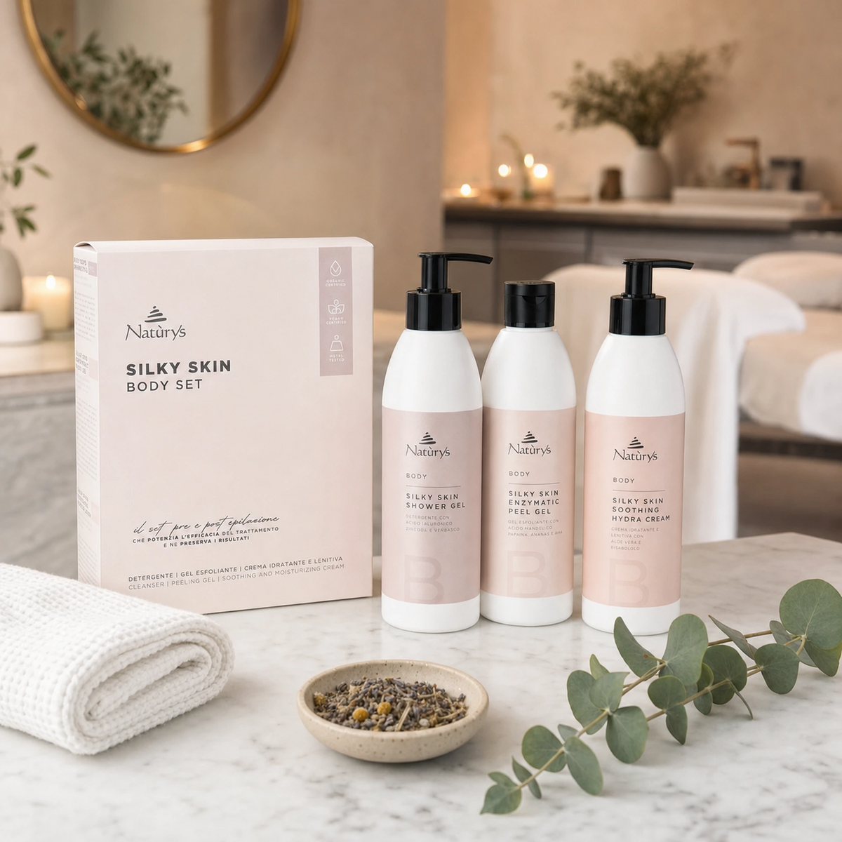 Naturys Silky Skin Body Set with Shower Gel, Enzymatic Peel Gel and Soothing Hydra Cream displayed with gift box on a marble spa surface with white waffle towel, botanical dish and eucalyptus in a luxury salon treatment room