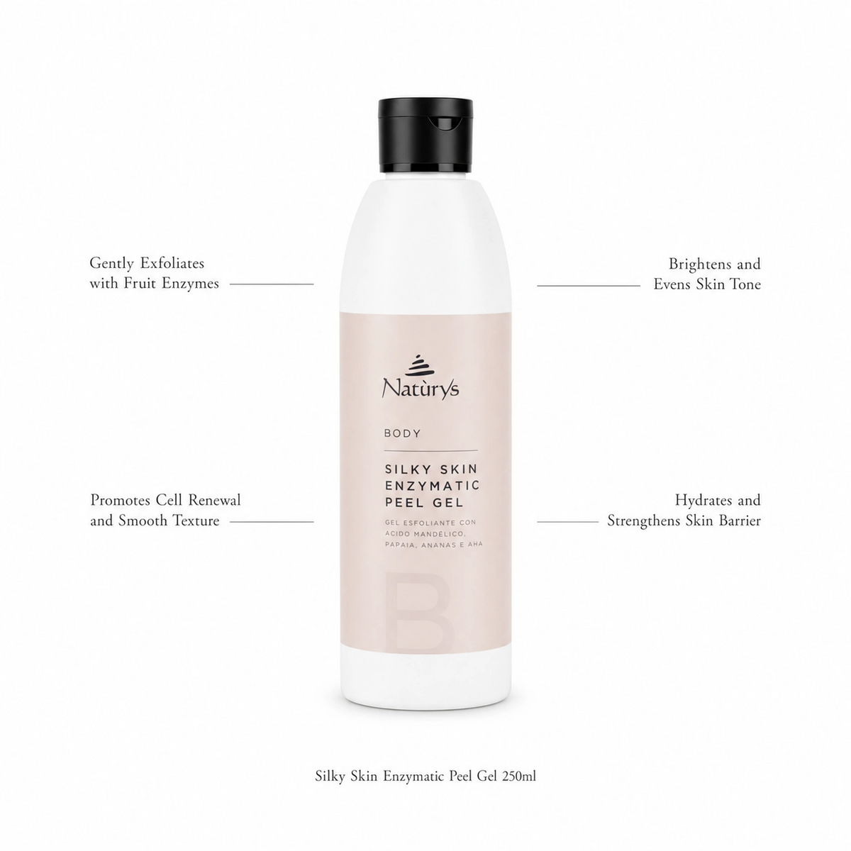 Naturys Silky Skin Enzymatic Peel Gel 250ml on white background with benefit callouts: Gently Exfoliates with Fruit Enzymes, Promotes Cell Renewal and Smooth Texture, Brightens and Evens Skin Tone, Hydrates and Strengthens Skin Barrier