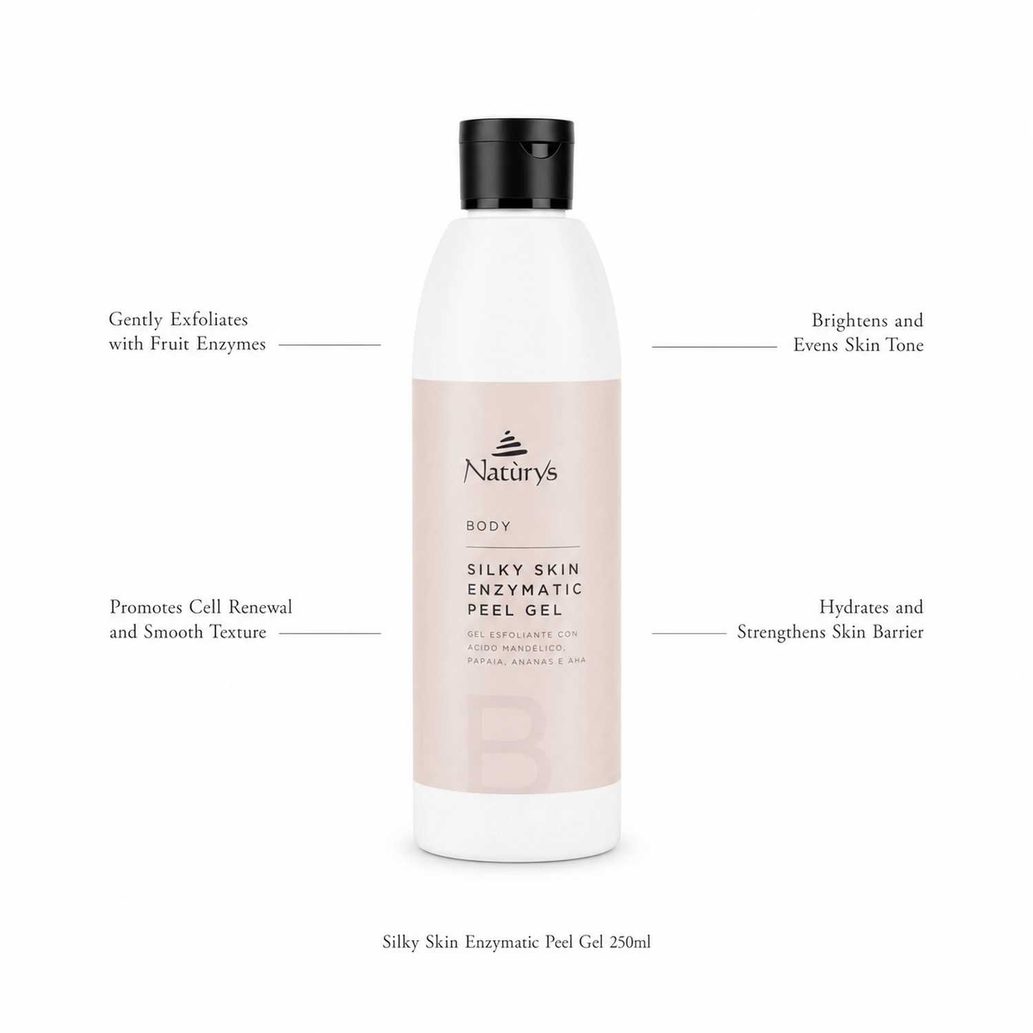 Naturys Silky Skin Enzymatic Peel Gel 250ml on white background with benefit callouts: Gently Exfoliates with Fruit Enzymes, Promotes Cell Renewal and Smooth Texture, Brightens and Evens Skin Tone, Hydrates and Strengthens Skin Barrier