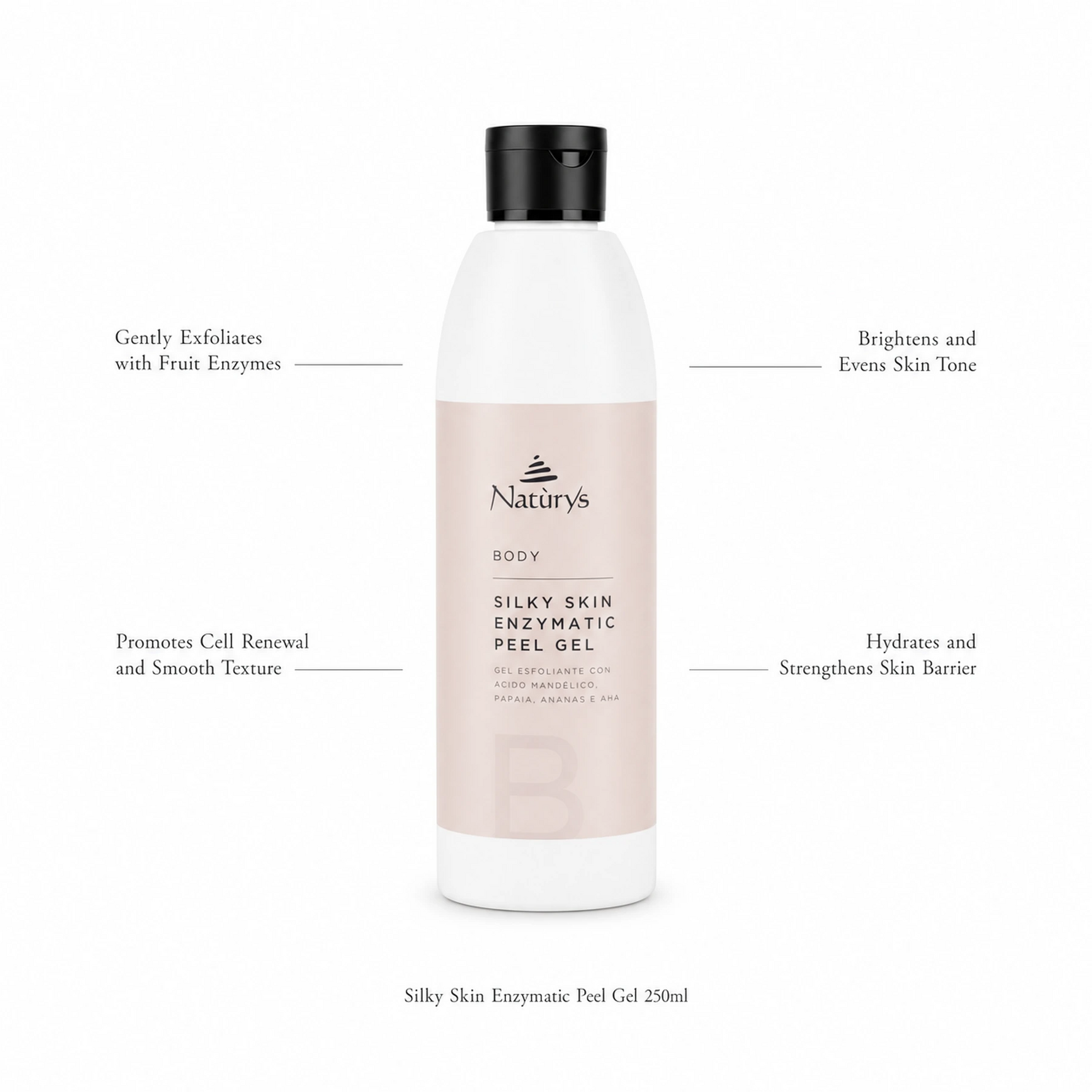 Naturys Silky Skin Enzymatic Peel Gel 250ml on white background with benefit callouts: Gently Exfoliates with Fruit Enzymes, Promotes Cell Renewal and Smooth Texture, Brightens and Evens Skin Tone, Hydrates and Strengthens Skin Barrier