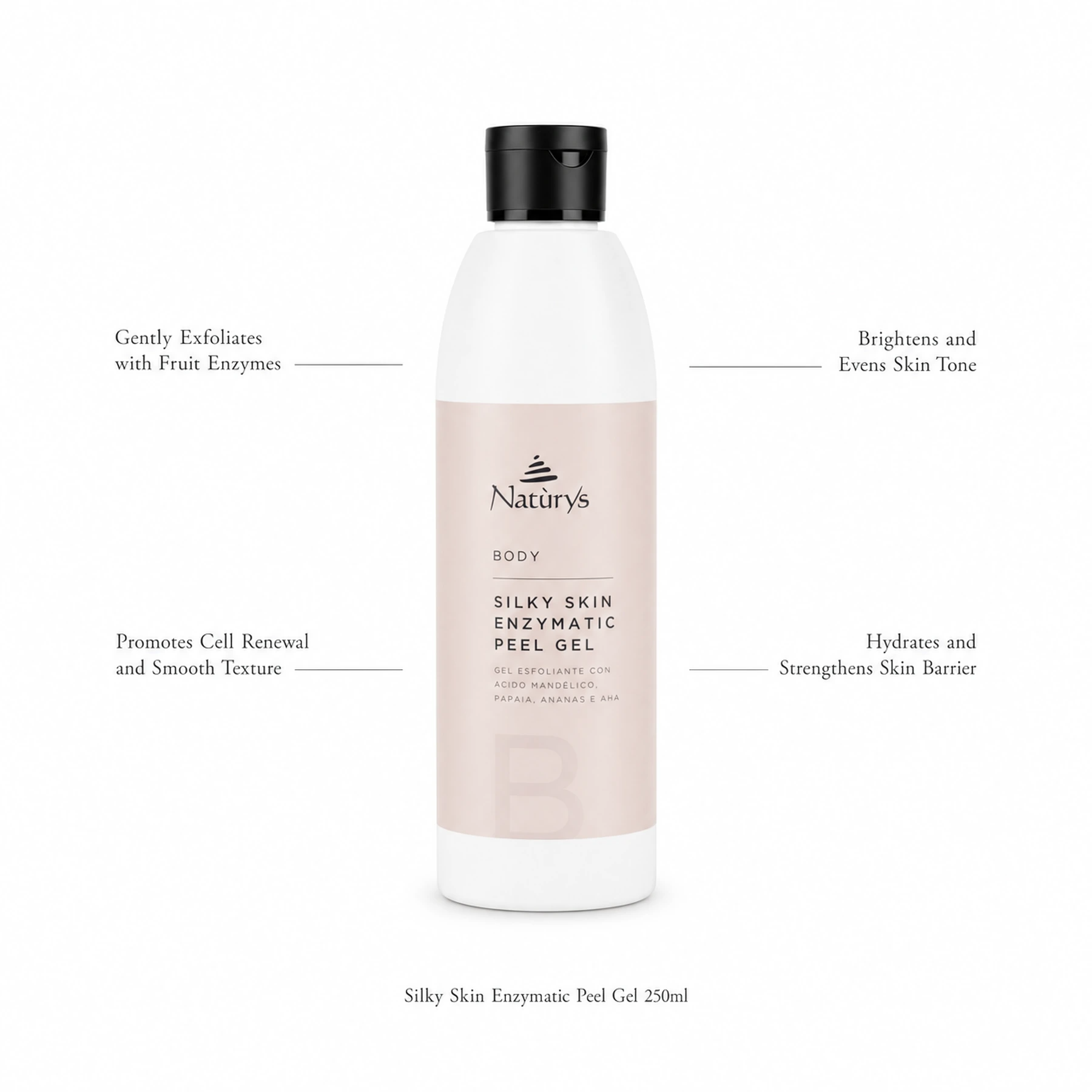 Naturys Silky Skin Enzymatic Peel Gel 250ml on white background with benefit callouts: Gently Exfoliates with Fruit Enzymes, Promotes Cell Renewal and Smooth Texture, Brightens and Evens Skin Tone, Hydrates and Strengthens Skin Barrier