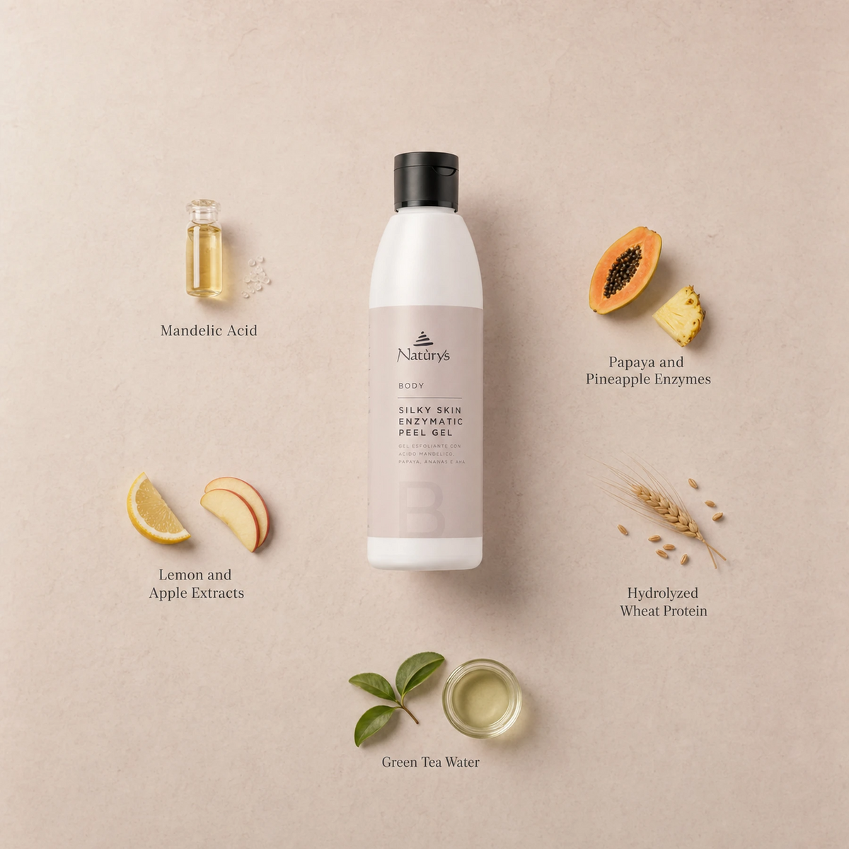 Naturys Silky Skin Enzymatic Peel Gel 250ml surrounded by labelled key ingredients including Mandelic Acid, Papaya and Pineapple Enzymes, Lemon and Apple Extracts, Hydrolyzed Wheat Protein and Green Tea Water on a warm blush stone surface
