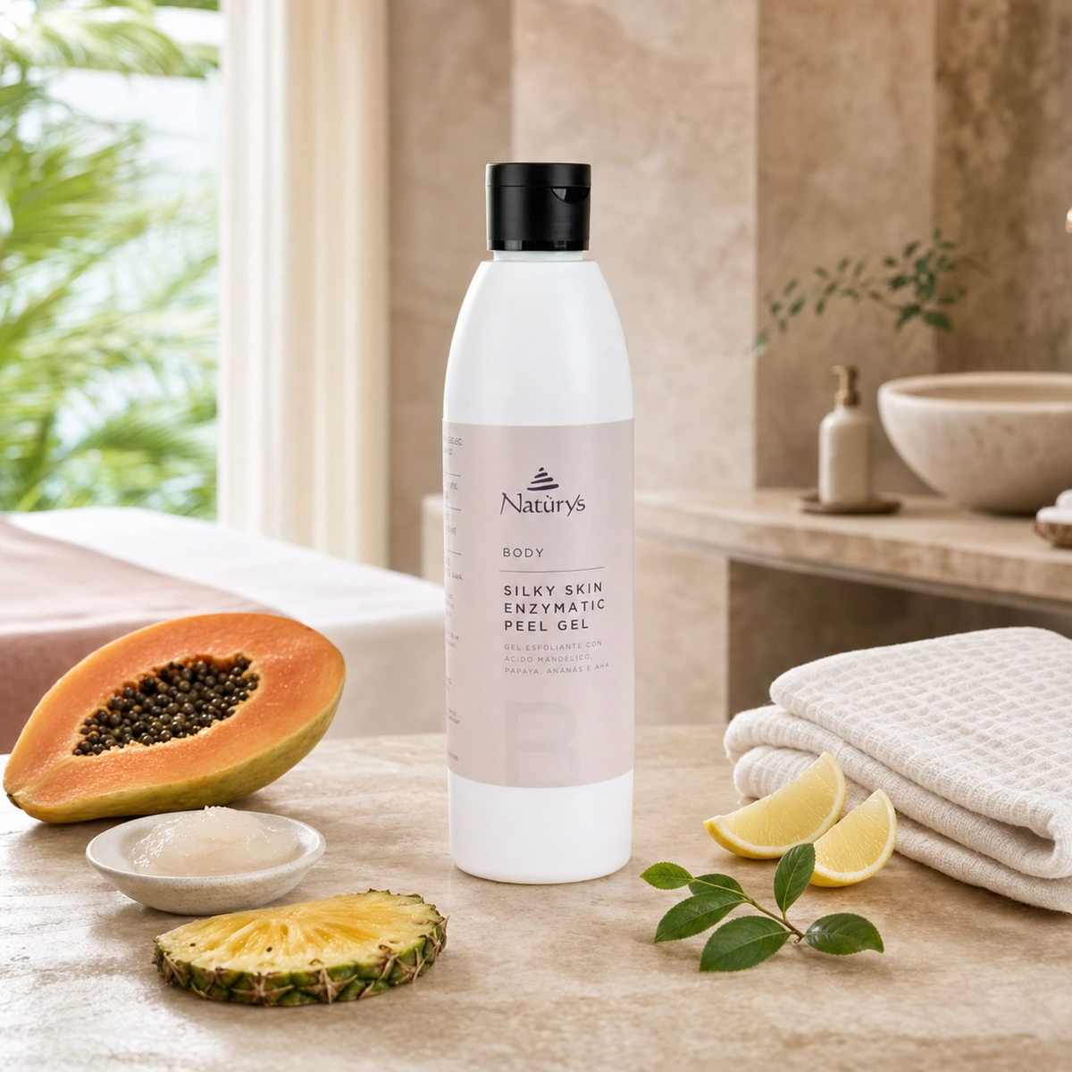 Naturys Silky Skin Enzymatic Peel Gel 250ml on a warm travertine spa surface with halved papaya, pineapple slice, lemon wedges, green tea leaf sprig, ceramic gel dish and white waffle linen cloth in a luxury spa treatment room with tropical greenery and natural window light
