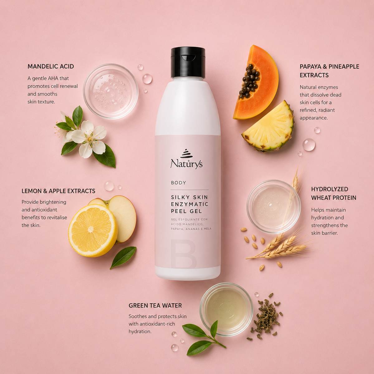 “Minimal NATURYS Silky Skin Enzymatic Peel Gel ingredient flatlay featuring mandelic acid, papaya and pineapple extracts, lemon and apple extracts, hydrolyzed wheat protein, and green tea water arranged elegantly around the product with refined botanical spa styling on a soft blush neutral background