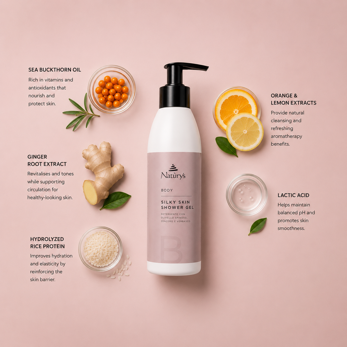 “Minimal NATURYS Silky Skin Shower Gel ingredient flatlay featuring sea buckthorn oil, ginger root extract, hydrolyzed rice protein, orange and lemon extracts, and lactic acid arranged elegantly around the product with refined botanical spa styling on a soft blush neutral background