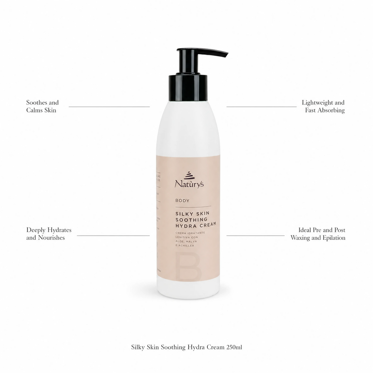 Naturys Silky Skin Soothing Hydra Cream 250ml on white background with benefit callouts: Soothes and Calms Skin, Deeply Hydrates and Nourishes, Lightweight and Fast Absorbing, Ideal Pre and Post Waxing and Epilation