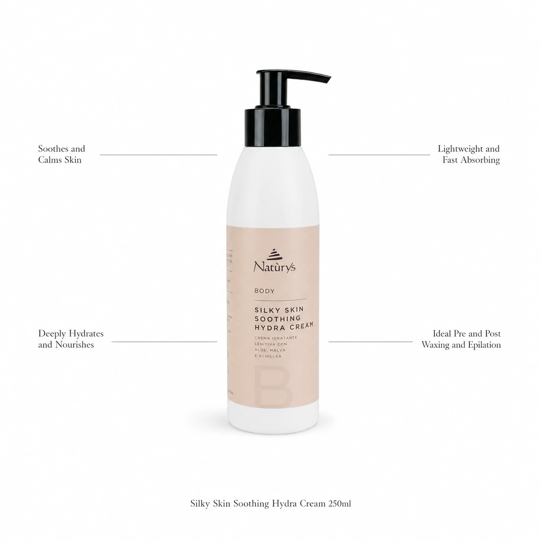 Naturys Silky Skin Soothing Hydra Cream 250ml on white background with benefit callouts: Soothes and Calms Skin, Deeply Hydrates and Nourishes, Lightweight and Fast Absorbing, Ideal Pre and Post Waxing and Epilation