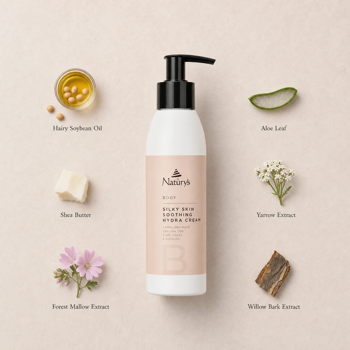 Naturys Silky Skin Soothing Hydra Cream 250ml surrounded by labelled organic key ingredients including Hairy Soybean Oil, Shea Butter, Forest Mallow Extract, Aloe Leaf, Yarrow Extract and Willow Bark Extract on a warm blush stone surface