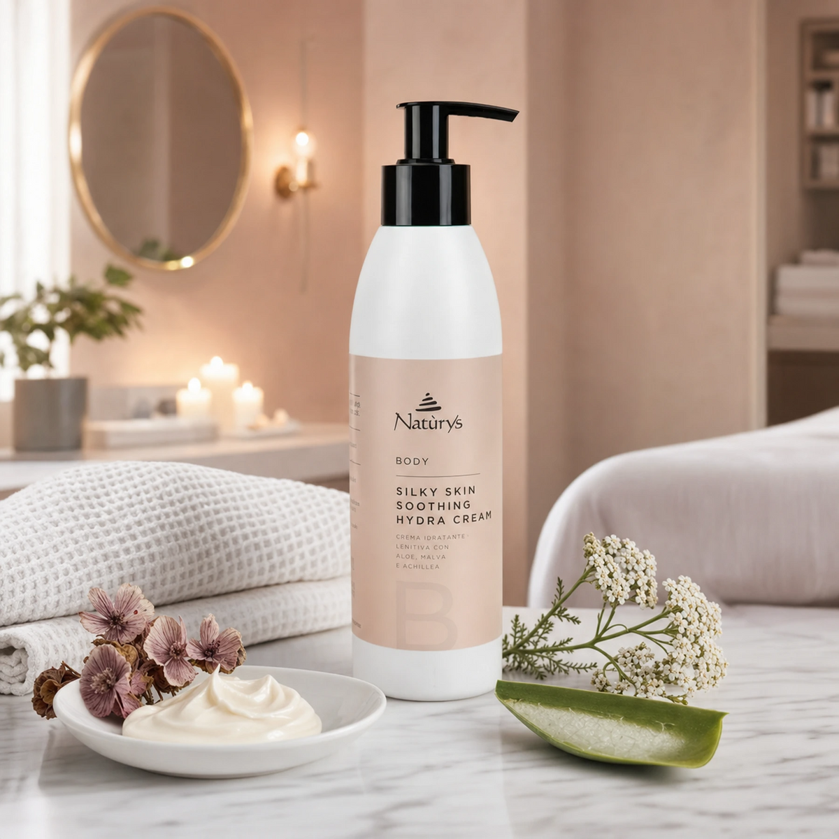 Naturys Silky Skin Soothing Hydra Cream 250ml on a white marble spa surface with white waffle towel, mallow flowers, cream dish, aloe leaf and yarrow sprig in a luxury salon treatment room