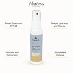 Naturys Sun Cream High Protection SPF30 Spray 100ml benefit callout image highlighting broad-spectrum SPF 30, deep hydration, skin soothing, and antioxidant defense.
