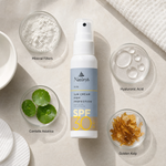 Naturys Sun Cream High Protection SPF30 Spray 100ml ingredient flatlay with mineral filters, hyaluronic acid, golden kelp, and centella asiatica in clean glass petri dishes.