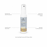 Naturys Sun Cream High Protection SPF 50 Spray 100ml on white background with benefit callouts: Broad-Spectrum SPF 50 UVA and UVB, Natural Non-Nano Mineral Filters, Hydrates with Hyaluronic Acid and Kelp, Lightweight Non-Whitening Formula