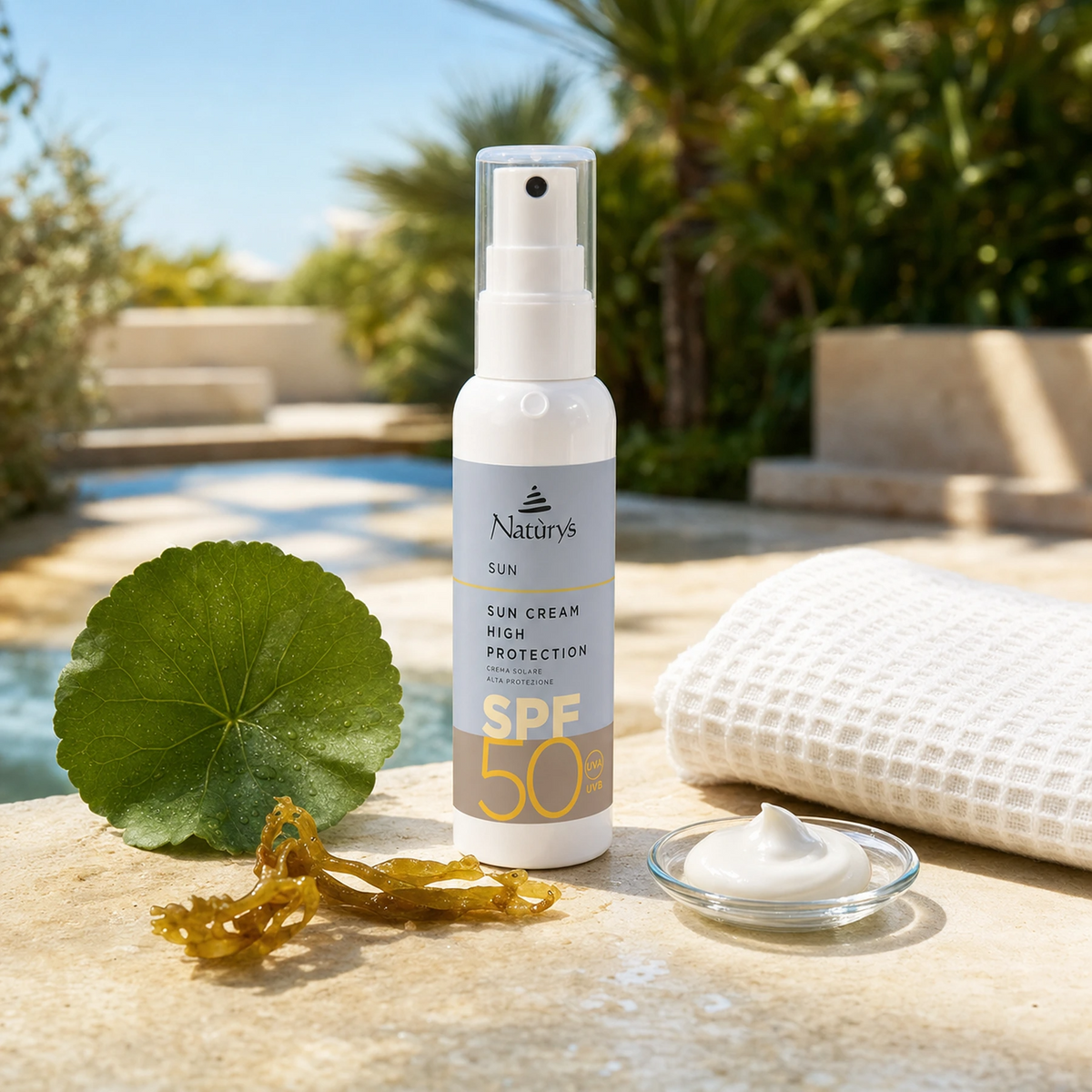Naturys Sun Cream High Protection SPF 50 Spray 100ml on a travertine pool deck with centella asiatica leaf, golden kelp, sunscreen cream dish and white waffle linen cloth in a luxury outdoor spa setting with blue sky and tropical greenery