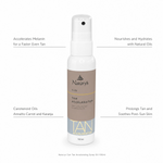 Naturys Tan Accelerating Spray Oil 100ml on white background with benefit callouts: Accelerates Melanin for a Faster Even Tan, Nourishes and Hydrates with Natural Oils, Carotenoid Oils Annatto Carrot and Karanja, Prolongs Tan and Soothes Post-Sun Skin