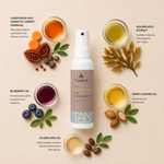 “Minimal NATURYS Tan Accelerating Spray Oil ingredient flatlay featuring carotenoid oils (annatto, carrot, and karanja), golden kelp extract, blueberry oil, sweet almond oil, and jojoba seed oil arranged elegantly around the product with refined botanical spa styling on a soft warm neutral background