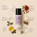 “Minimal NATURYS Urban Protection SPF30 ingredient flatlay featuring zinc oxide, titanium dioxide, pomegranate extract, niacinamide, shea butter, jojoba oil, and panthenol arranged elegantly around the product with refined botanical spa styling on a soft warm neutral background