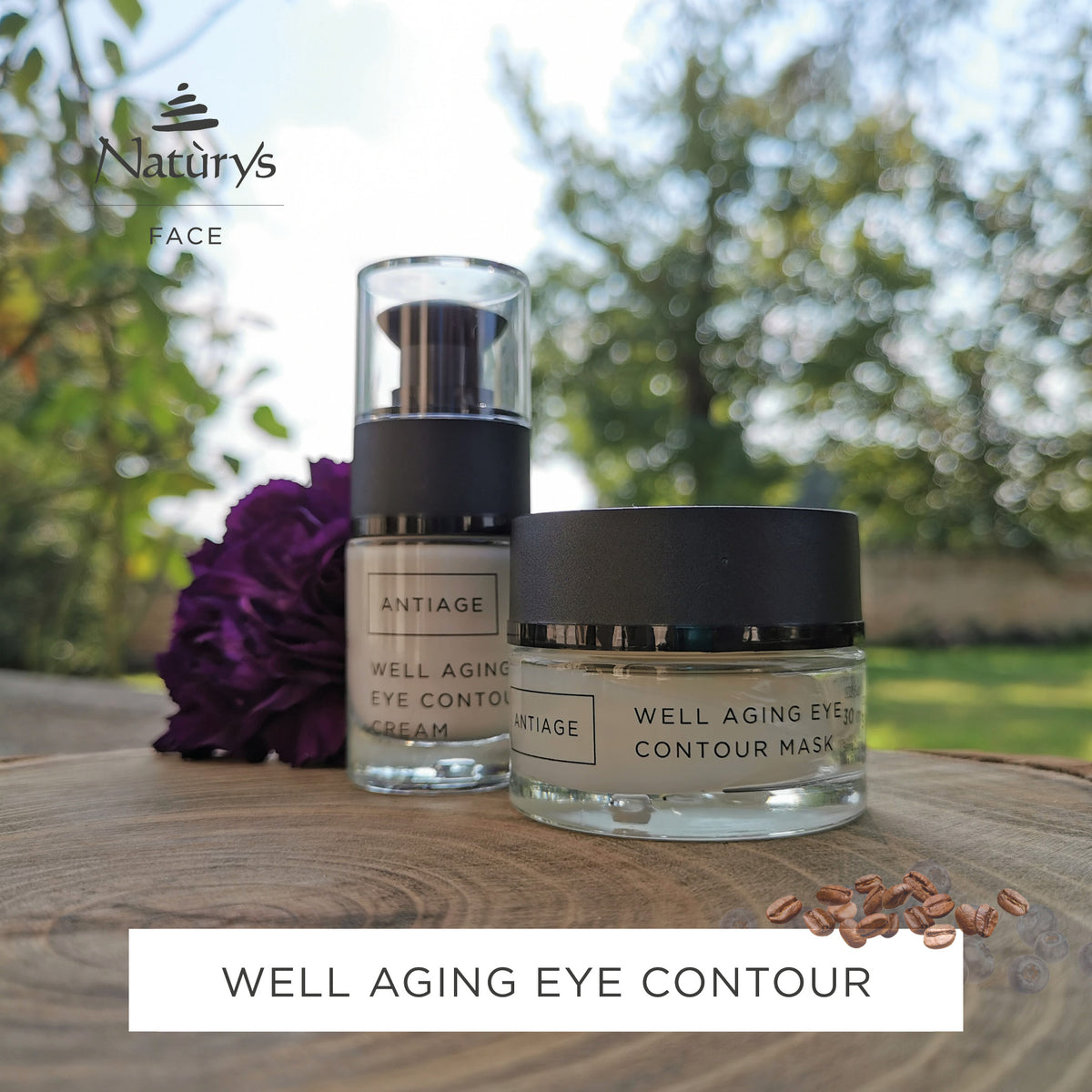 Naturys Well Aging Eye Contour cream and mask displayed outdoors on wooden surface with natural background for anti ageing eye care treatment