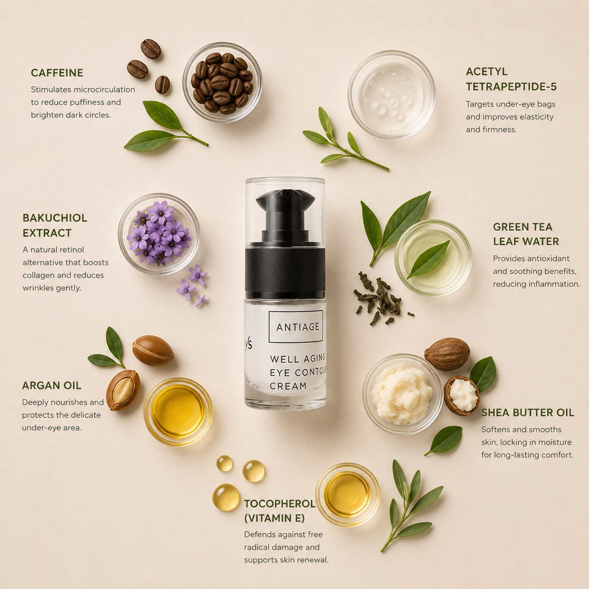 “Minimal NATURYS Well Aging Eye Contour Cream ingredient flatlay featuring caffeine, acetyl tetrapeptide-5, bakuchiol extract, green tea leaf water, argan oil, shea butter oil, and tocopherol (vitamin E) arranged elegantly around the product with refined botanical spa styling on a soft neutral background